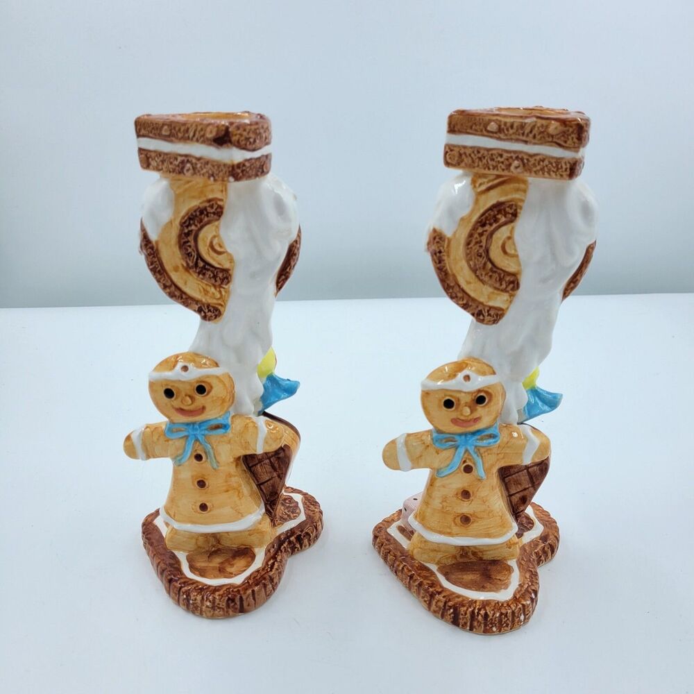 RARE 2 Gingerbread Man Candlestick Holders Christmas Decor Taper Candles Candy
